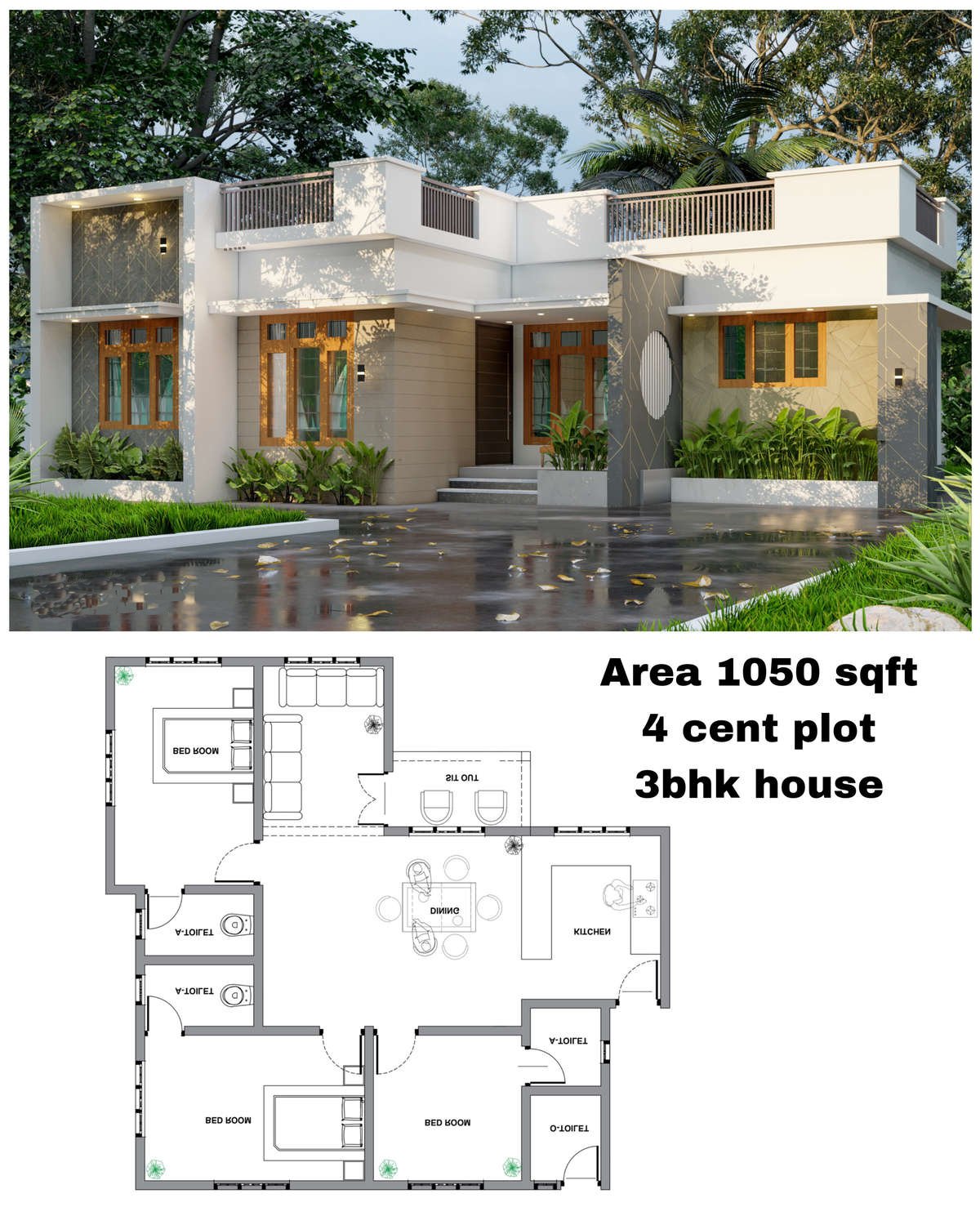 3BHK Modern Single Floor House Design – 1050 sqft